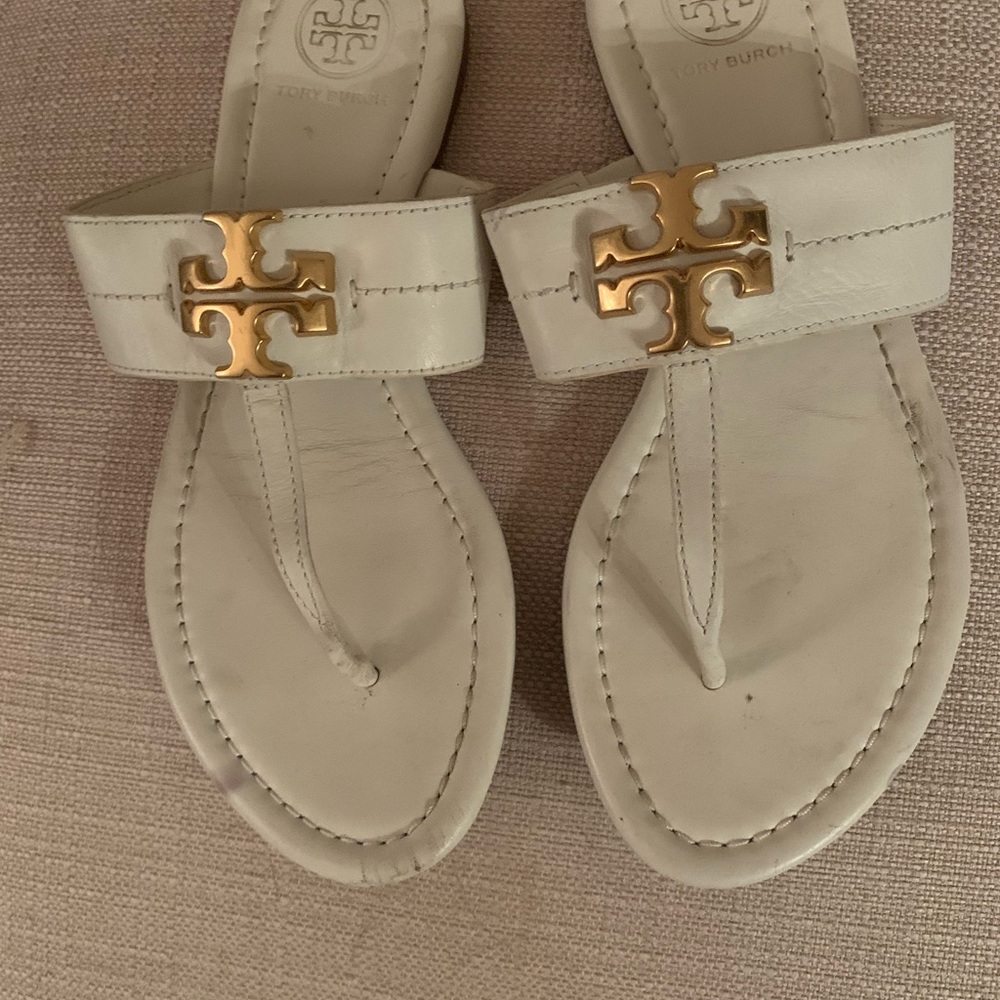 Tory Burch White Sandals with Metallic Gold Logo